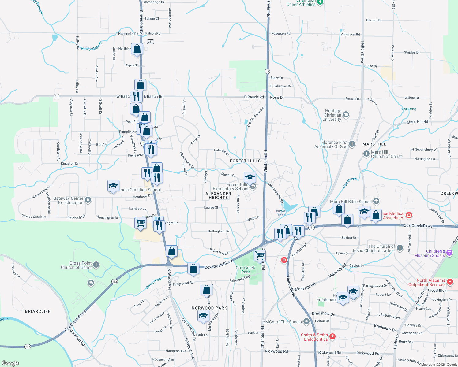 map of restaurants, bars, coffee shops, grocery stores, and more near 152 Patsy Dr in Florence