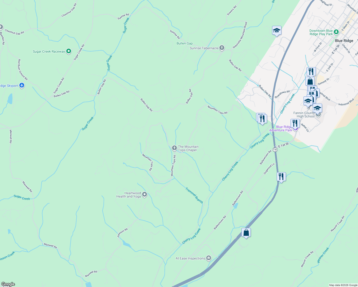map of restaurants, bars, coffee shops, grocery stores, and more near 159 Lakota Trail in Blue Ridge