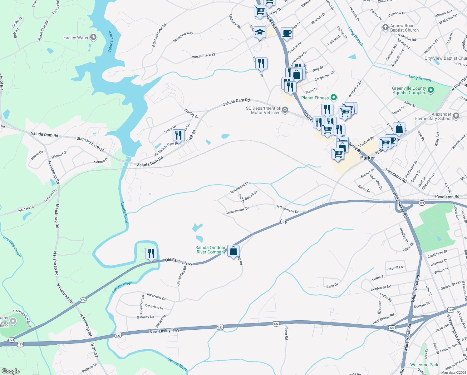 map of restaurants, bars, coffee shops, grocery stores, and more near 113 Appaloosa Drive in Greenville