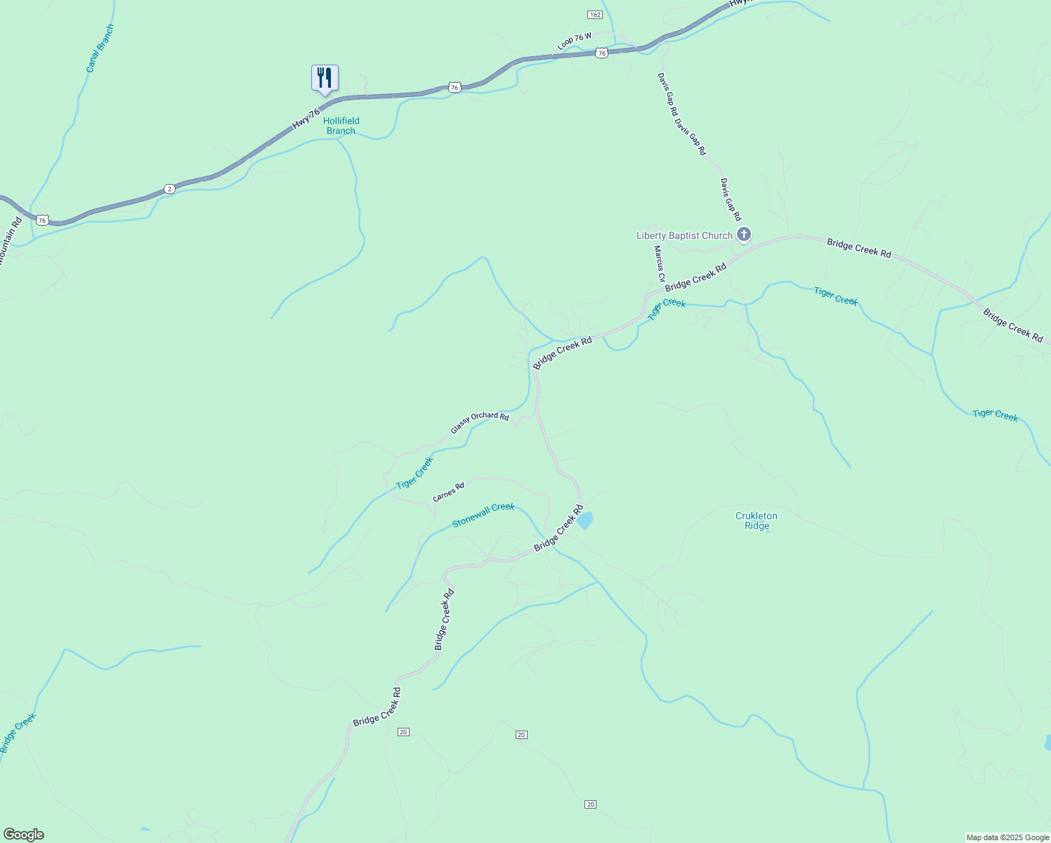 map of restaurants, bars, coffee shops, grocery stores, and more near 412 Glassy Orchard Road in Tiger