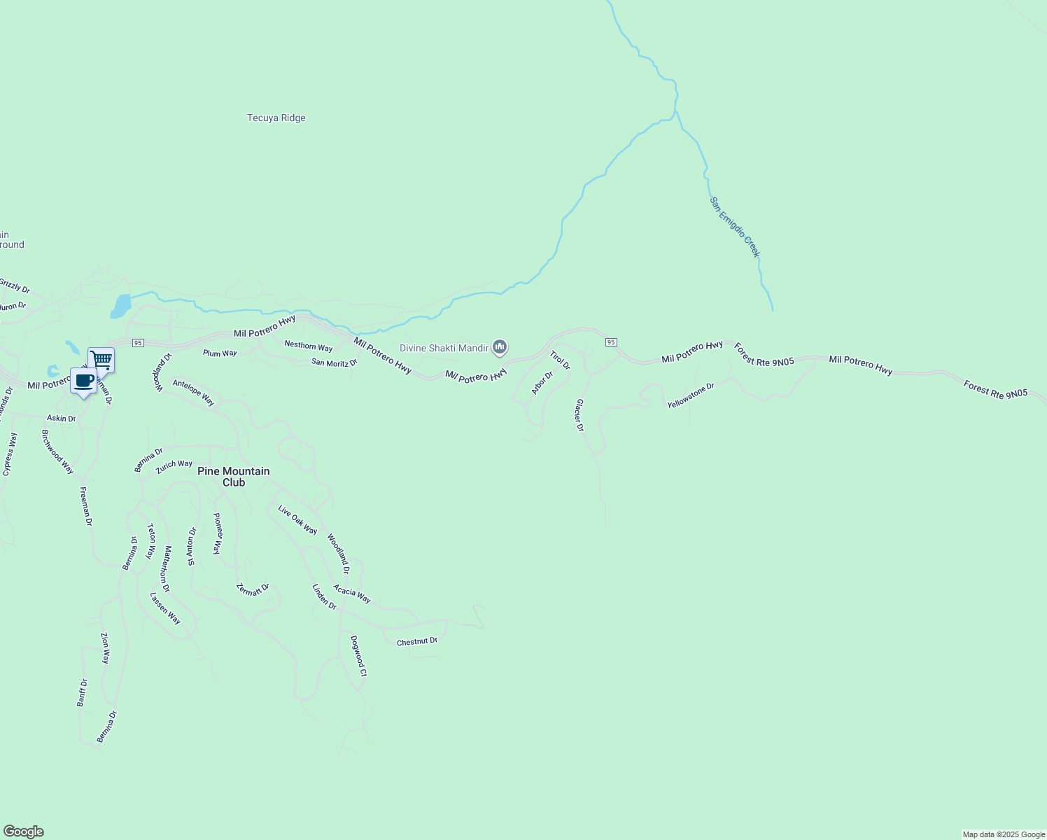 map of restaurants, bars, coffee shops, grocery stores, and more near 14708 Pinehurst Drive in Frazier Park