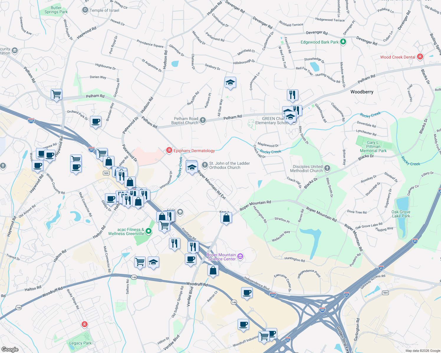 map of restaurants, bars, coffee shops, grocery stores, and more near 15 Hawkins Rd in Greenville