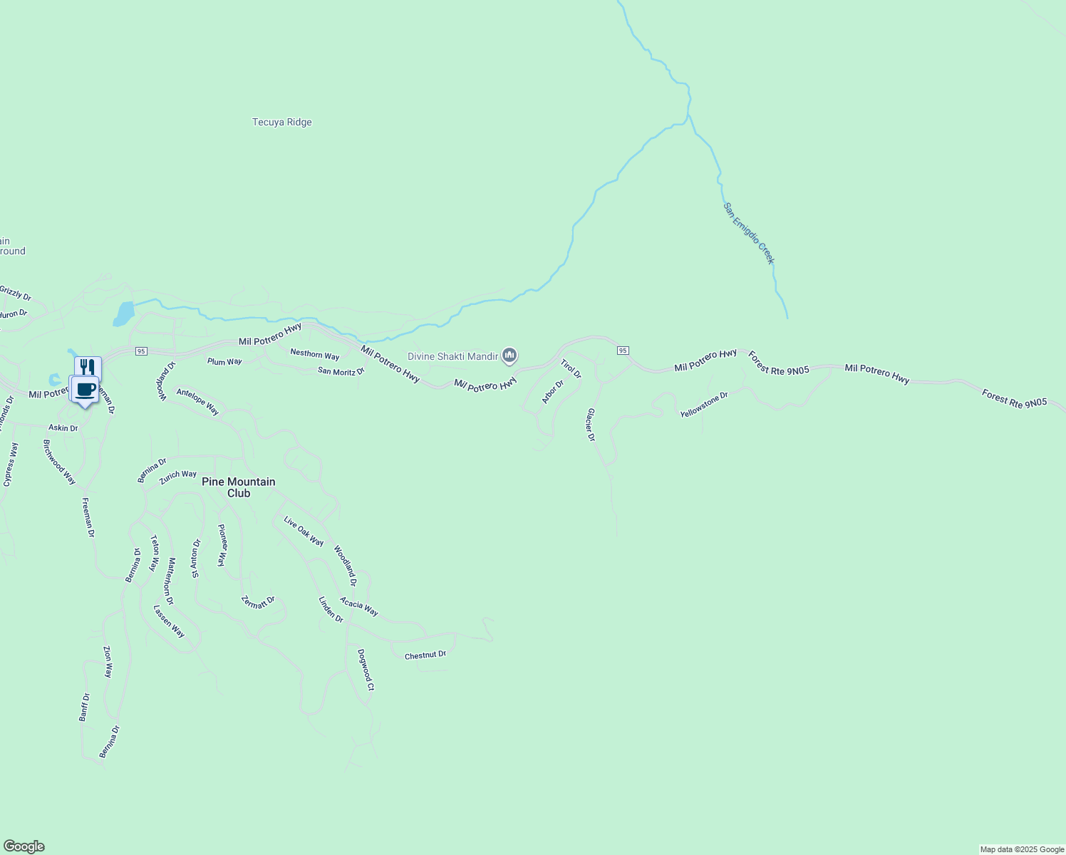 map of restaurants, bars, coffee shops, grocery stores, and more near 14708 Pinehurst Drive in Frazier Park