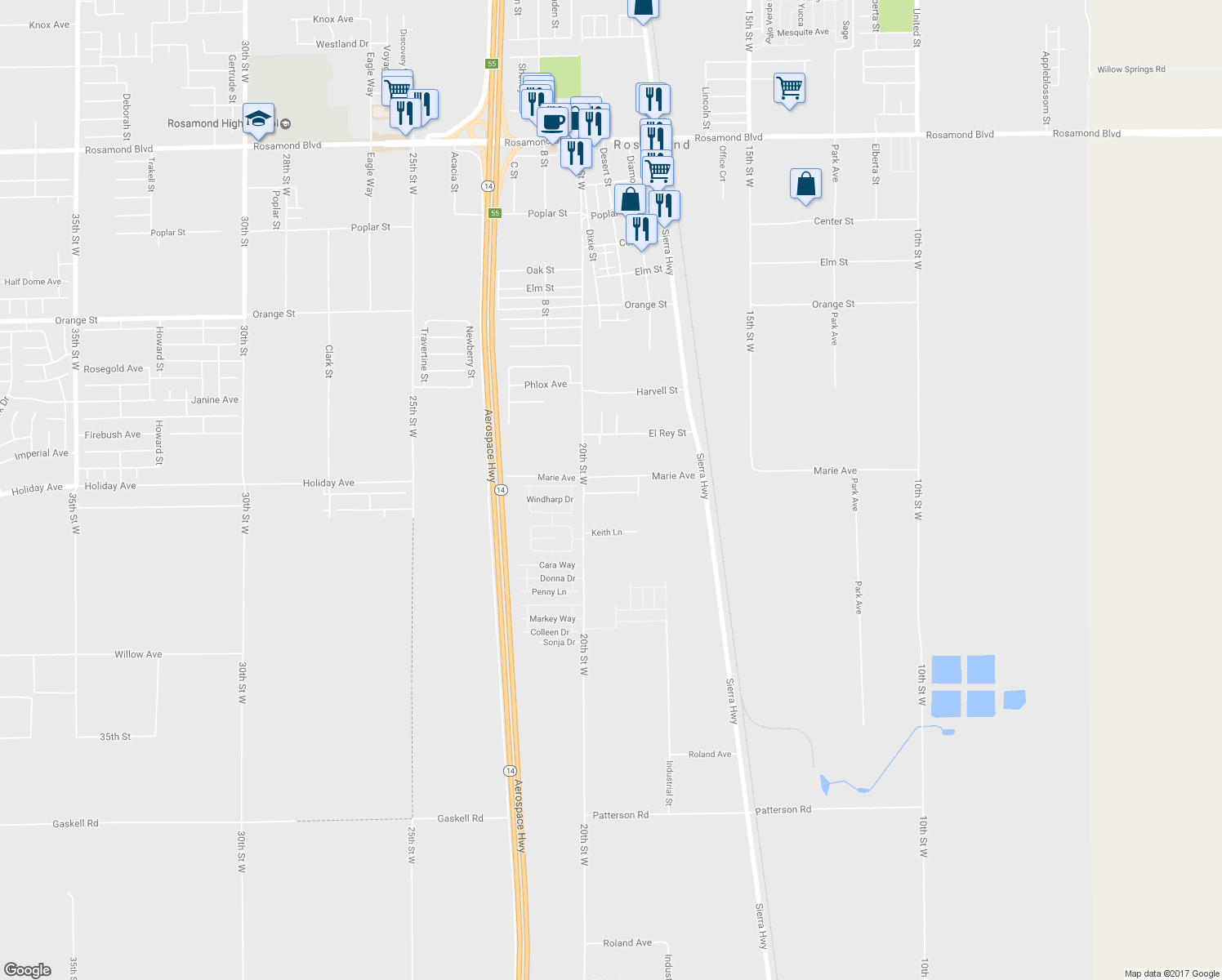 map of restaurants, bars, coffee shops, grocery stores, and more near 1913 Pengilley Ave in Rosamond