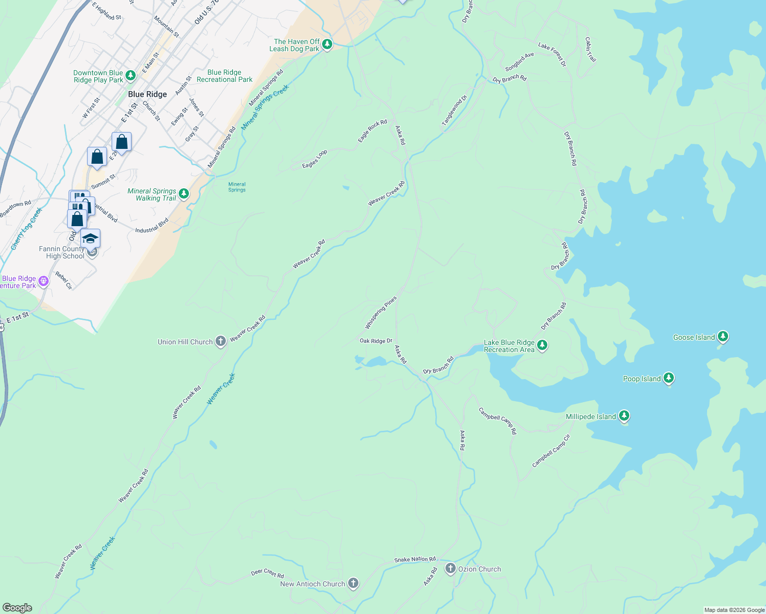 map of restaurants, bars, coffee shops, grocery stores, and more near 158 Whispering Pines Road in Blue Ridge