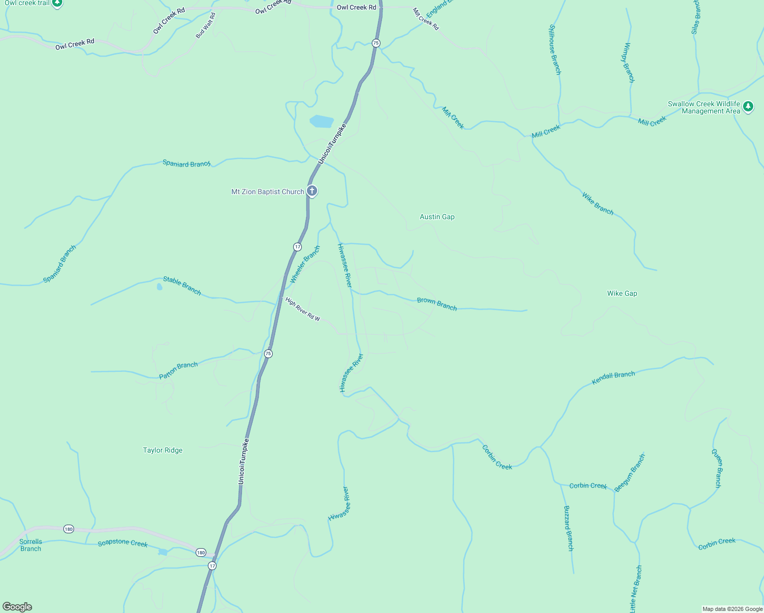 map of restaurants, bars, coffee shops, grocery stores, and more near 2610 Hi Ridge Road in Hiawassee