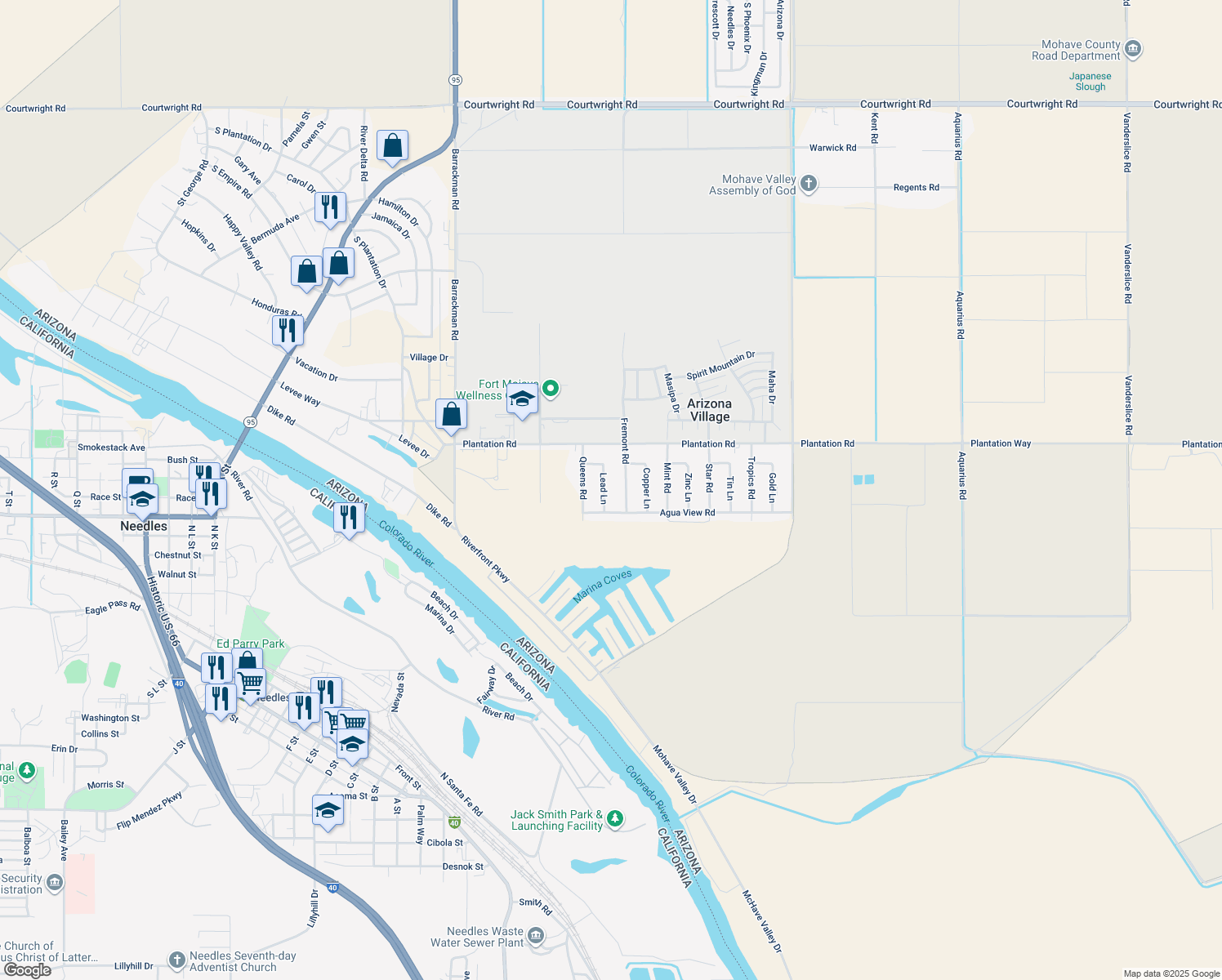 map of restaurants, bars, coffee shops, grocery stores, and more near 10560 S Lead Ln in Mohave Valley