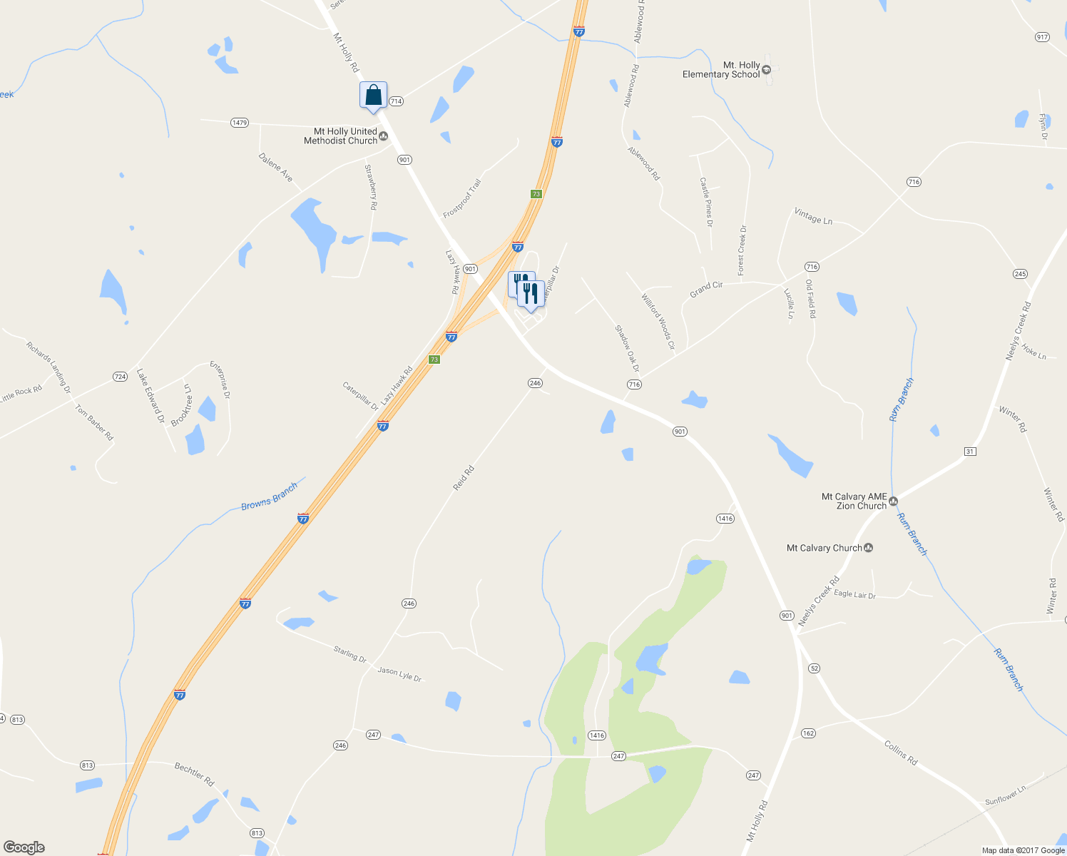 map of restaurants, bars, coffee shops, grocery stores, and more near 3630 Reid Road in Rock Hill