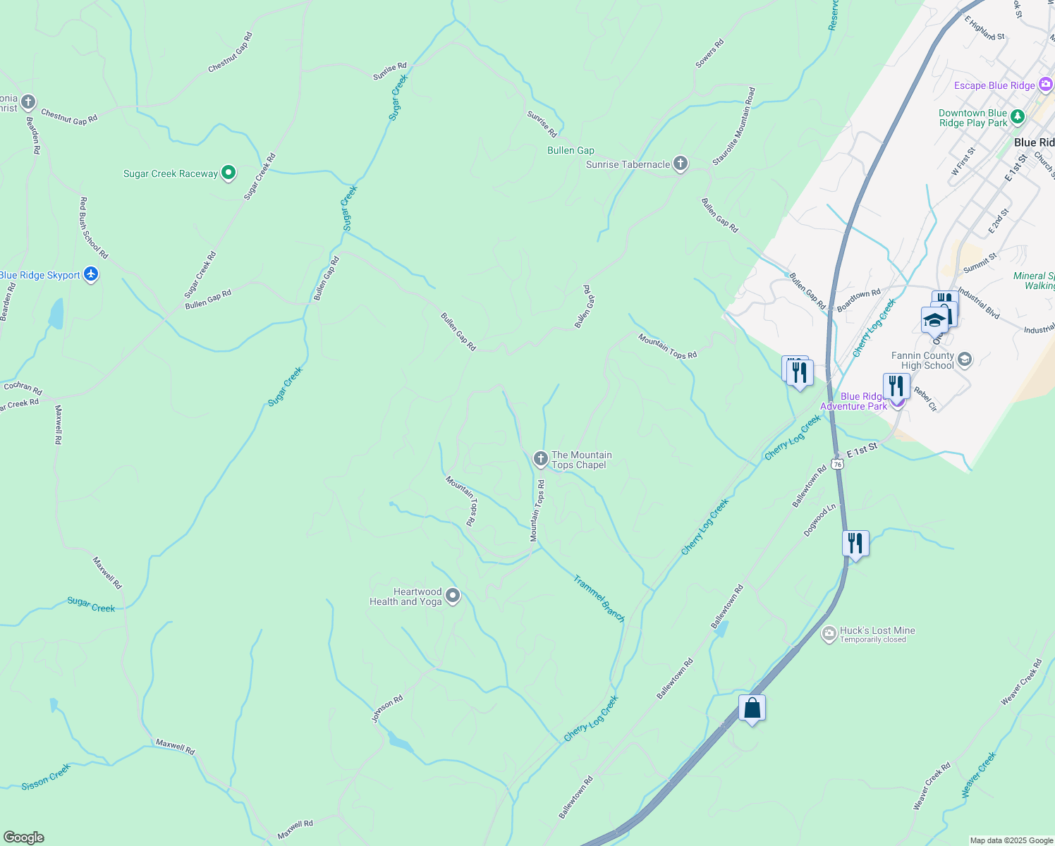 map of restaurants, bars, coffee shops, grocery stores, and more near 2981 Mountain Tops Road in Blue Ridge