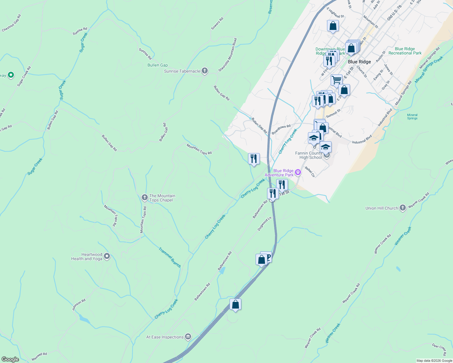 map of restaurants, bars, coffee shops, grocery stores, and more near 66 Minnehaha Trail in Blue Ridge