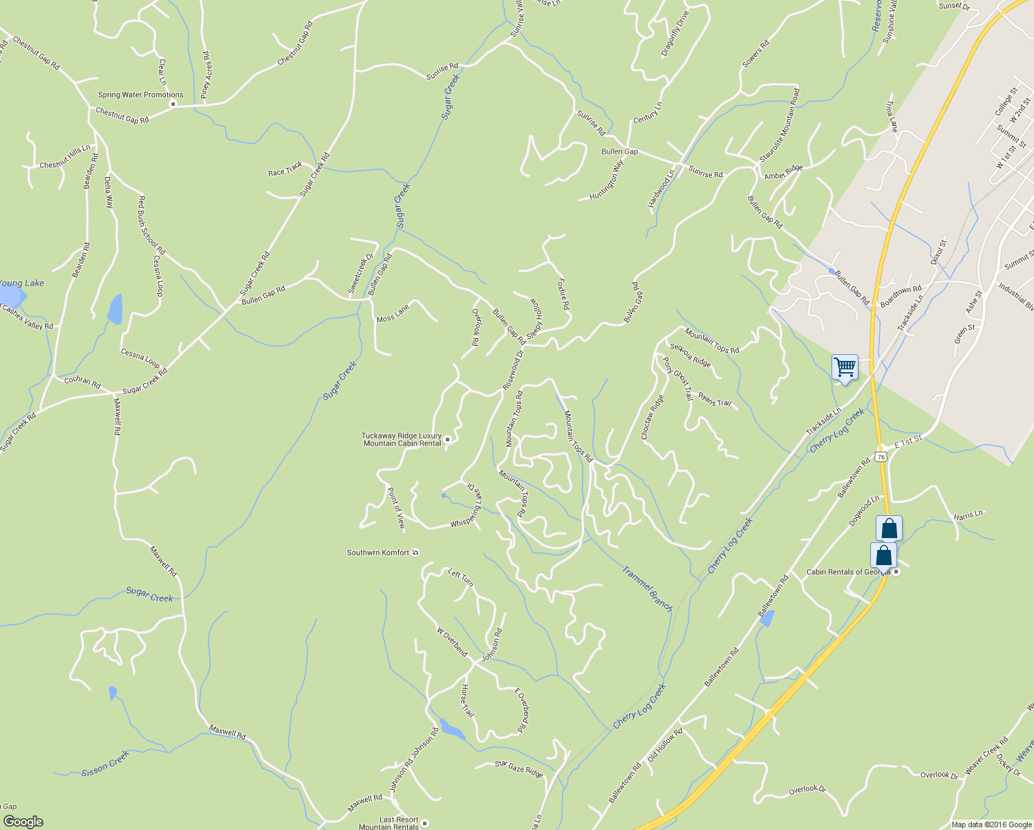 map of restaurants, bars, coffee shops, grocery stores, and more near 2981 Mountain Tops Road in Blue Ridge
