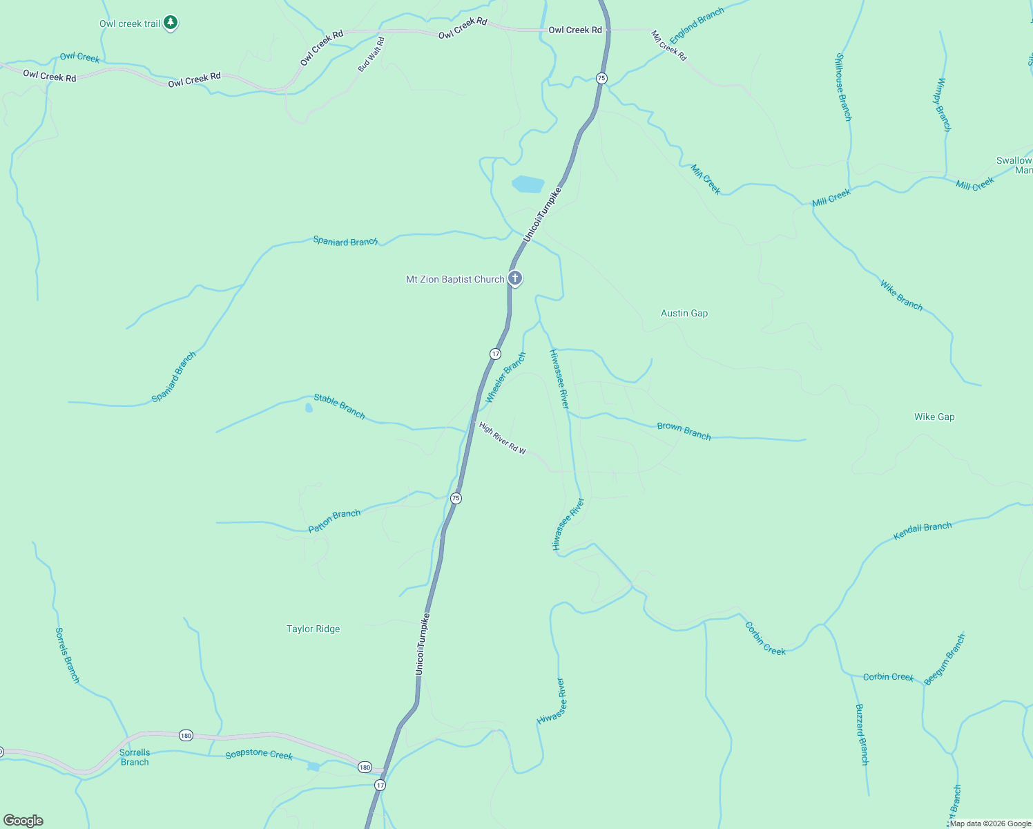 map of restaurants, bars, coffee shops, grocery stores, and more near 1938 Big Pine Drive in Hiawassee