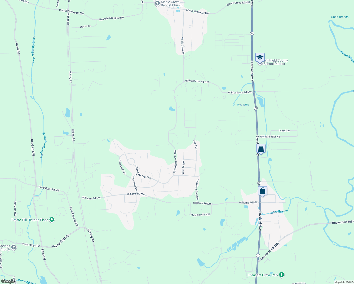 map of restaurants, bars, coffee shops, grocery stores, and more near 525 Broadacre Road Northwest in Dalton