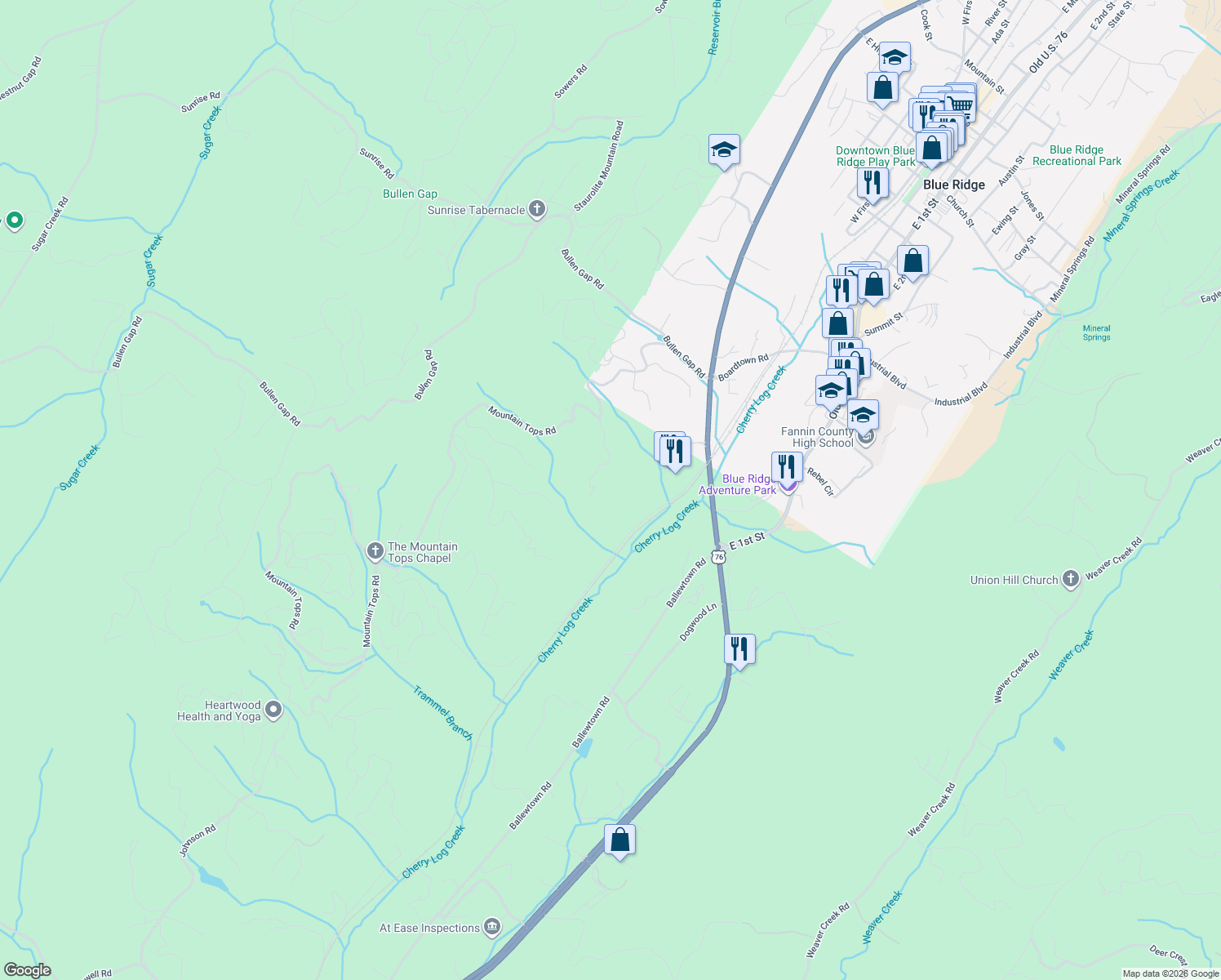 map of restaurants, bars, coffee shops, grocery stores, and more near 201 Minnehaha Trail in Blue Ridge