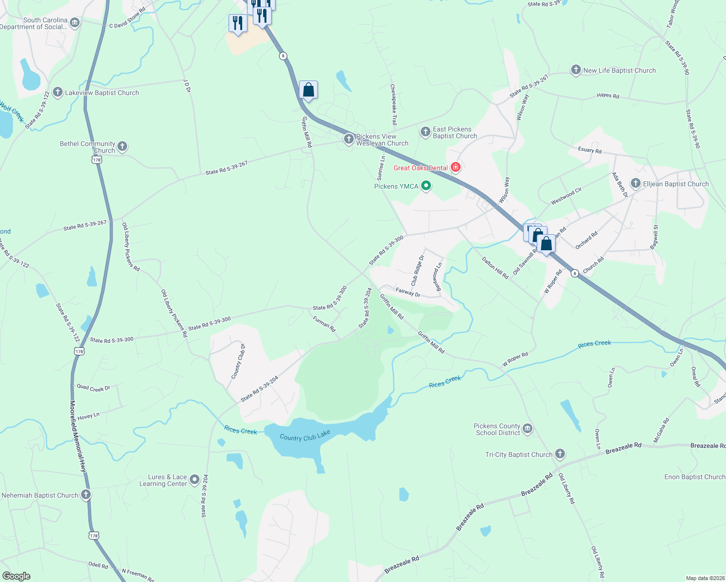 map of restaurants, bars, coffee shops, grocery stores, and more near 1073 State Road S-39-204 in Pickens