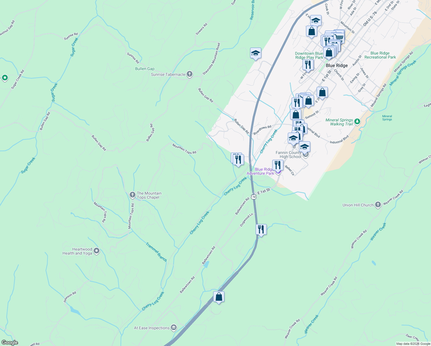 map of restaurants, bars, coffee shops, grocery stores, and more near 201 Minnehaha Trail in Blue Ridge
