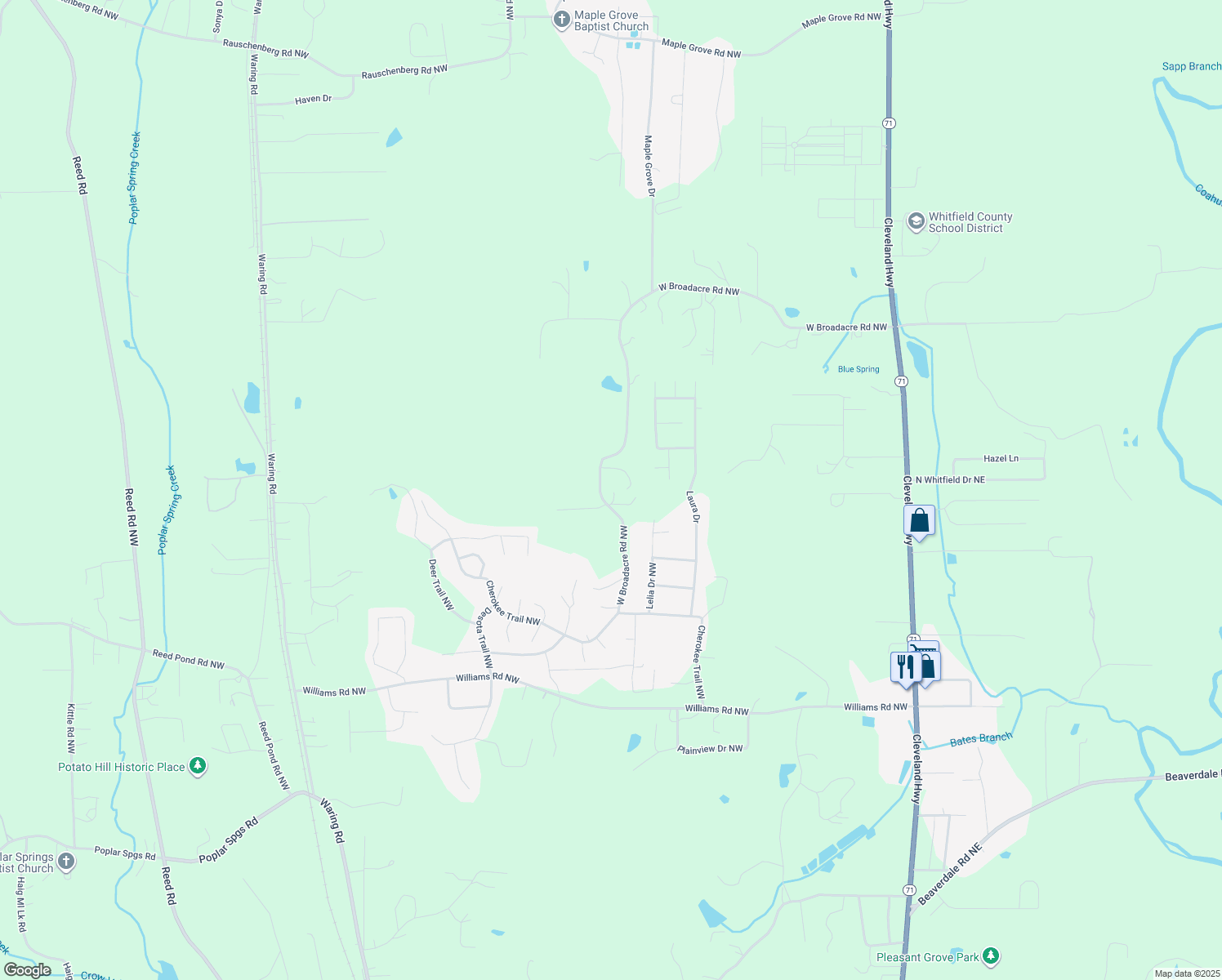 map of restaurants, bars, coffee shops, grocery stores, and more near 525 Broadacre Road Northwest in Dalton