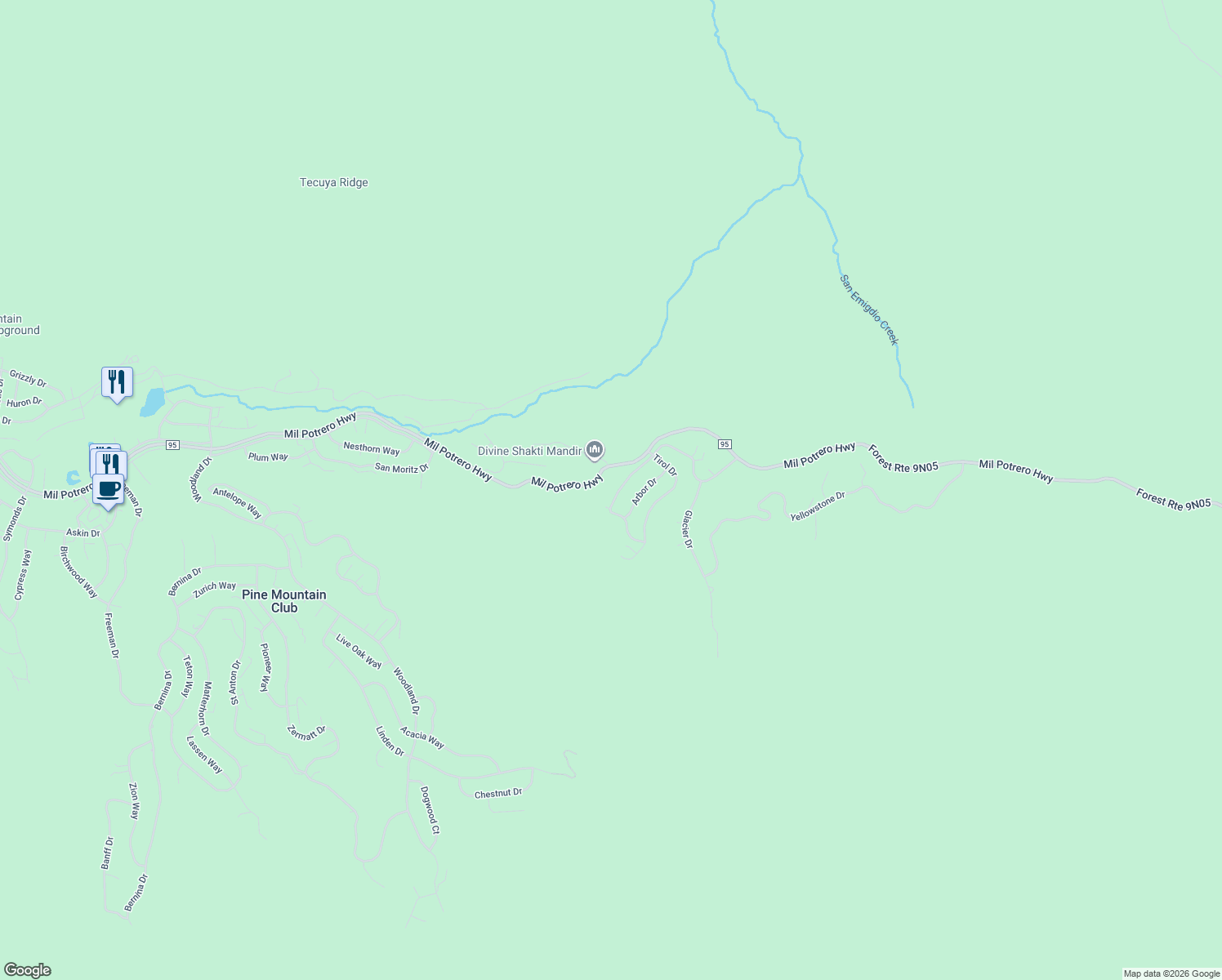 map of restaurants, bars, coffee shops, grocery stores, and more near 14729 Voltaire Drive in Frazier Park