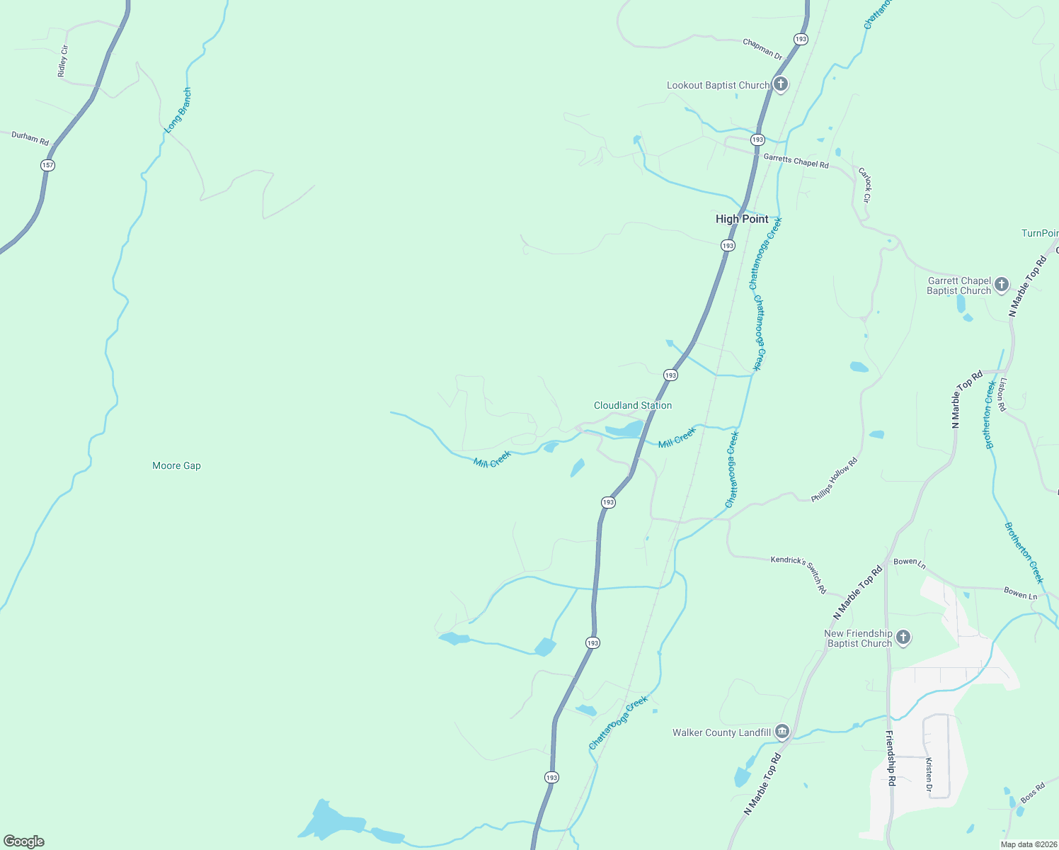 map of restaurants, bars, coffee shops, grocery stores, and more near 44 Valley Rim Drive in Chickamauga