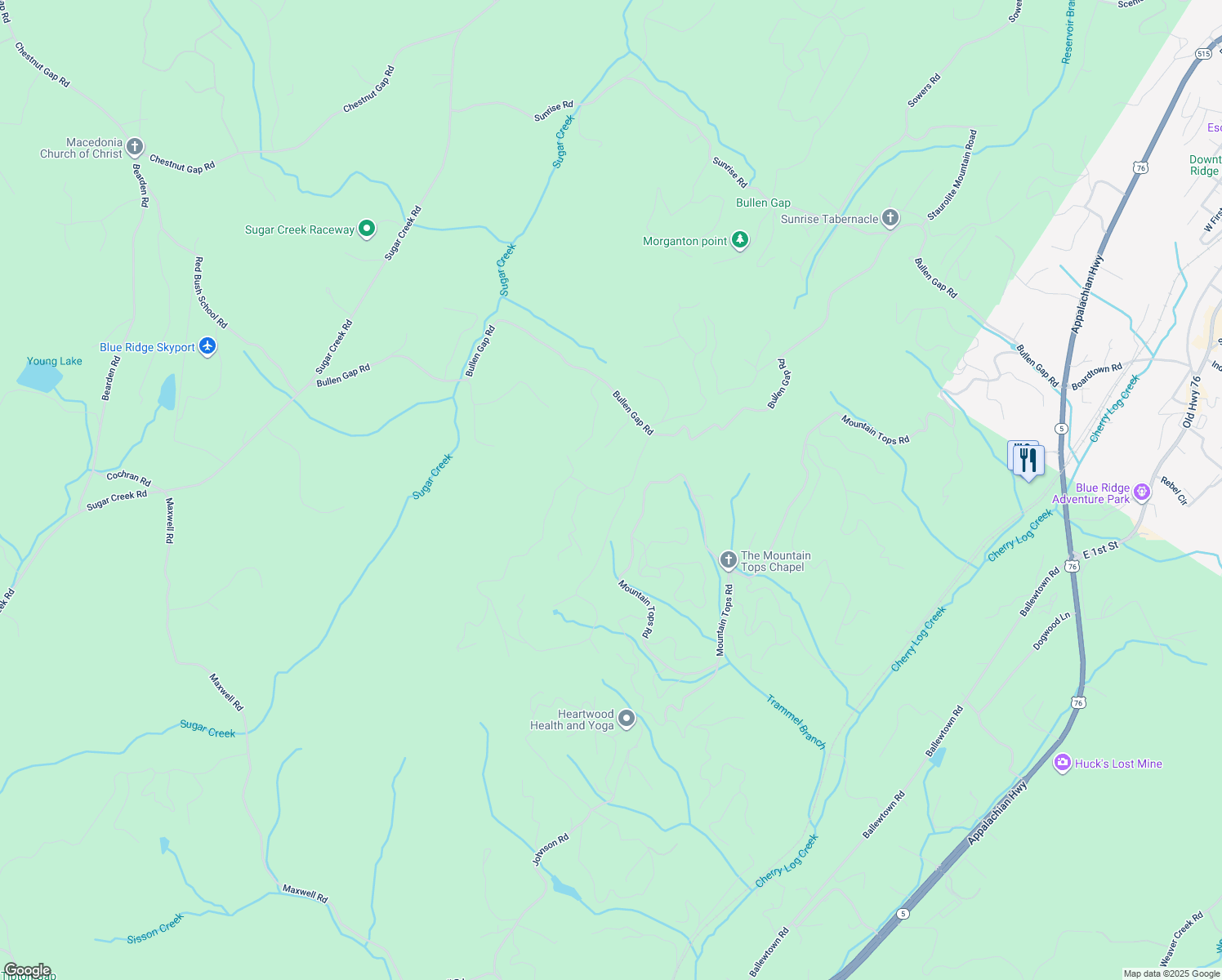 map of restaurants, bars, coffee shops, grocery stores, and more near 106 Underlook Road in Blue Ridge