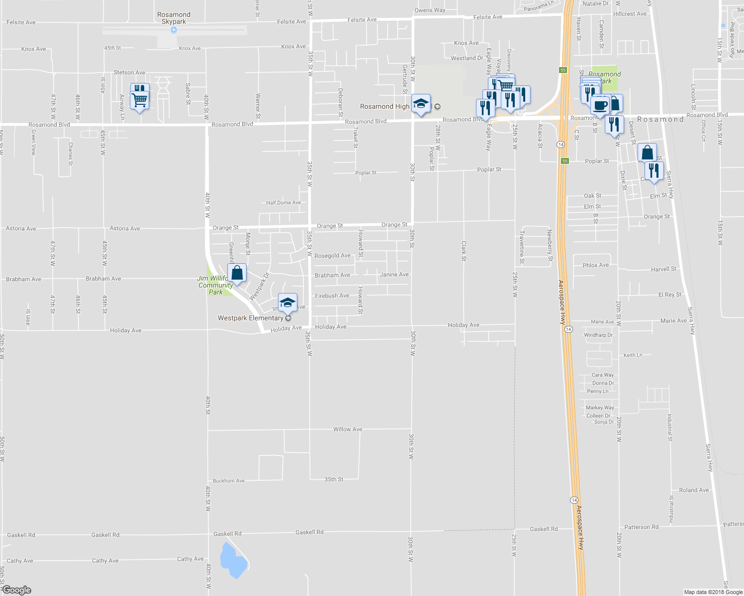 map of restaurants, bars, coffee shops, grocery stores, and more near 3200 Patti Rose Avenue in Rosamond