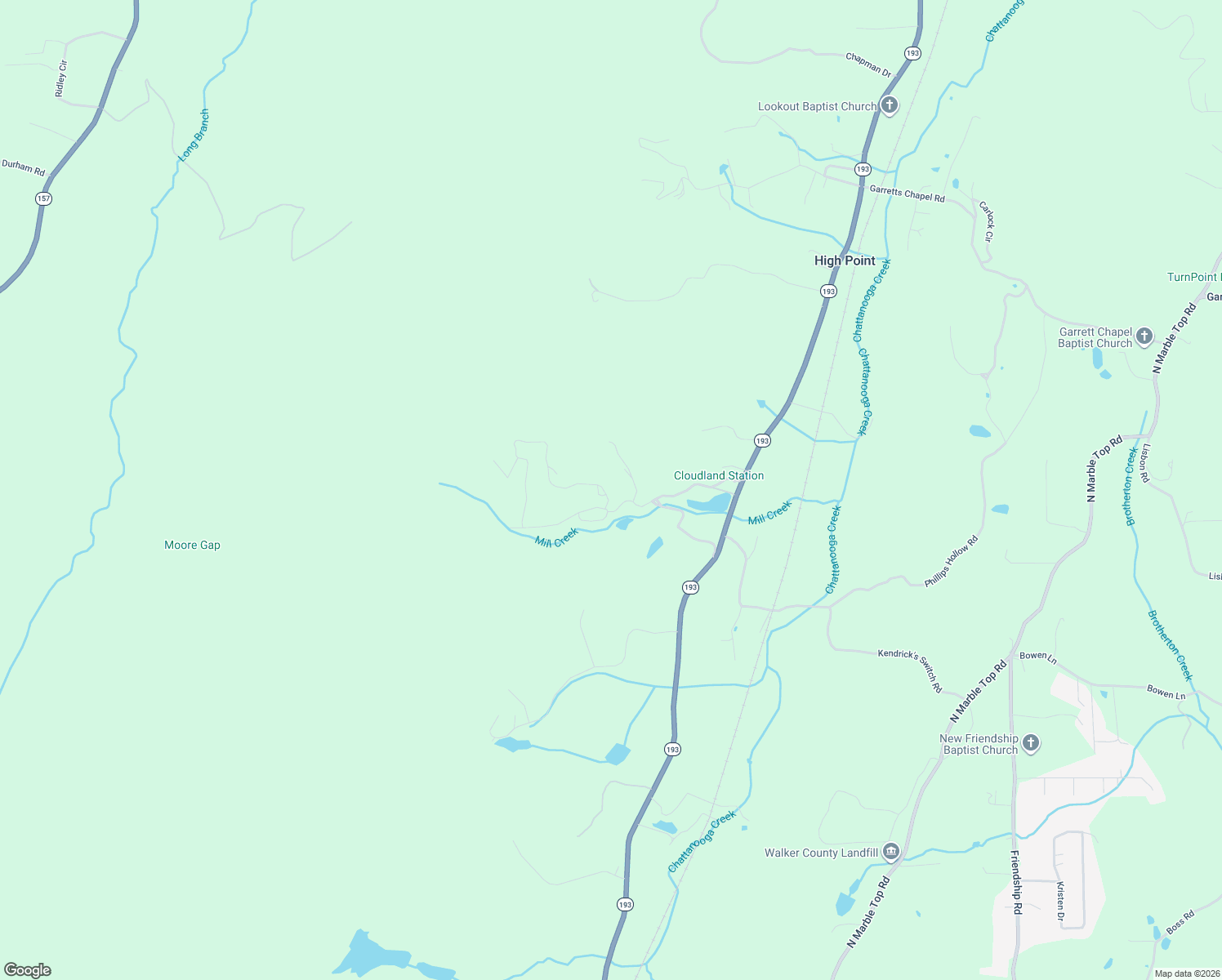 map of restaurants, bars, coffee shops, grocery stores, and more near 44 Valley Rim Drive in Chickamauga