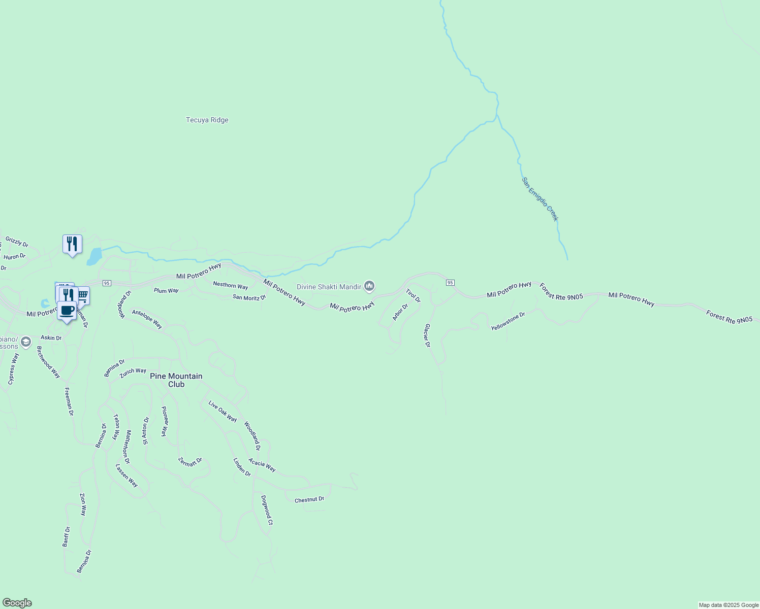 map of restaurants, bars, coffee shops, grocery stores, and more near 14713 Voltaire Drive in Frazier Park