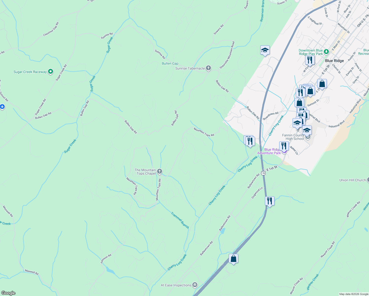 map of restaurants, bars, coffee shops, grocery stores, and more near 151 Choctaw Ridge in Blue Ridge
