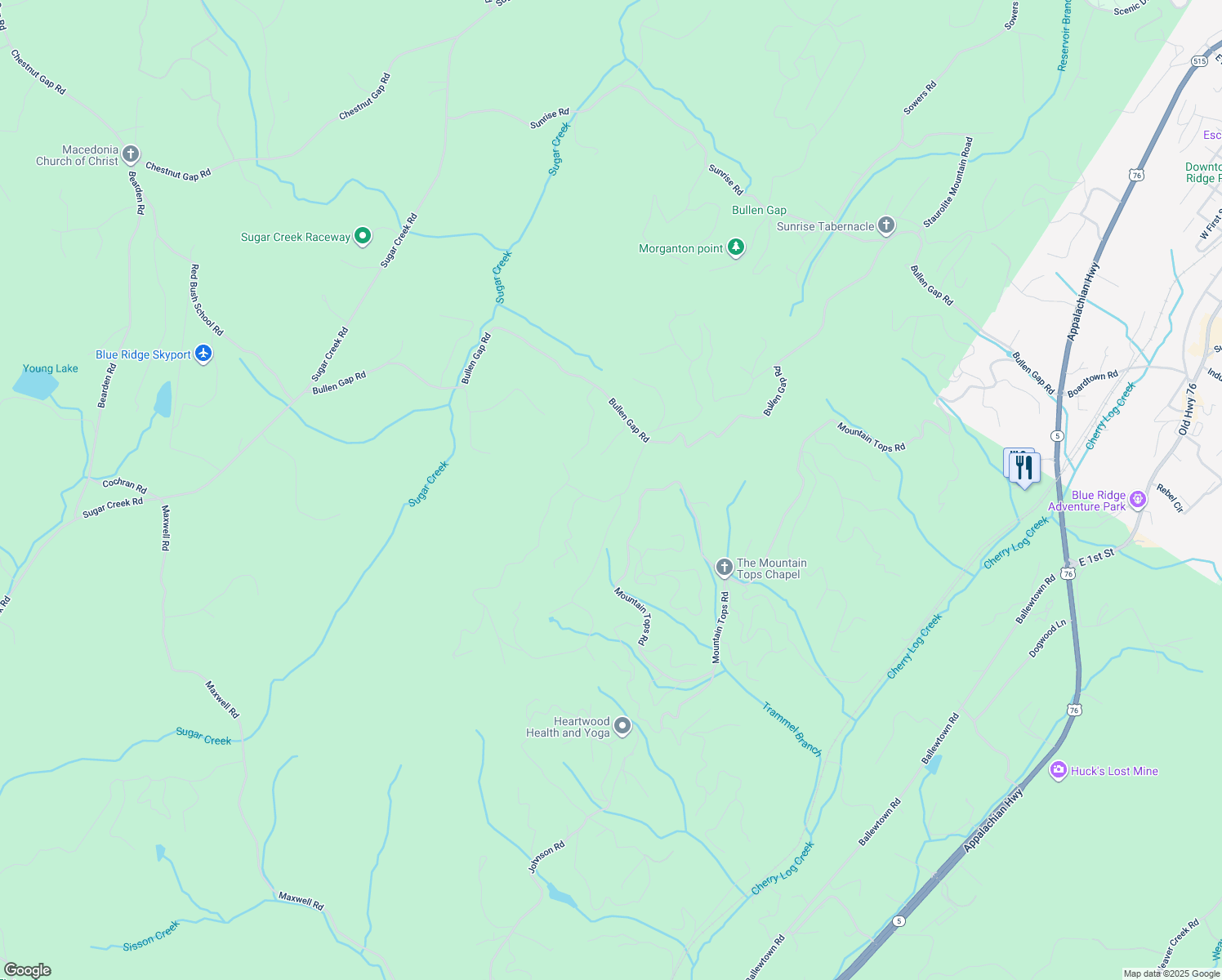map of restaurants, bars, coffee shops, grocery stores, and more near 106 Underlook Road in Blue Ridge