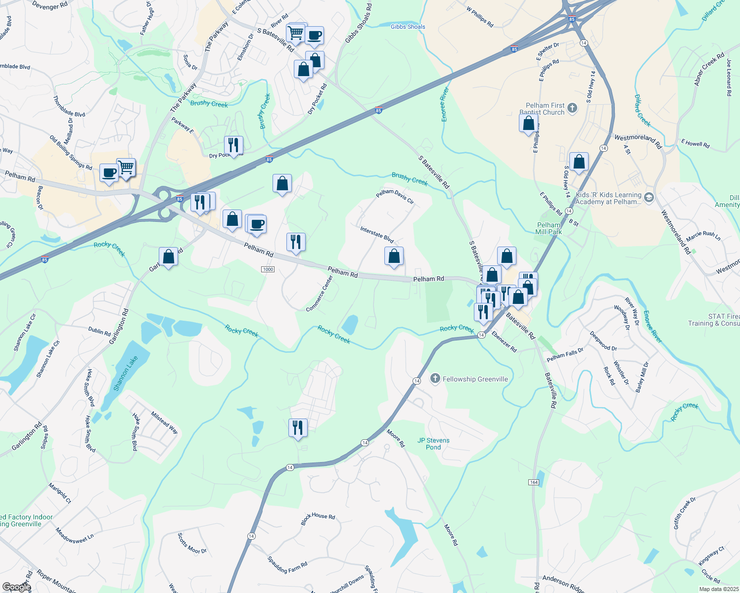 map of restaurants, bars, coffee shops, grocery stores, and more near 14 Pelham Ridge Drive in Greenville