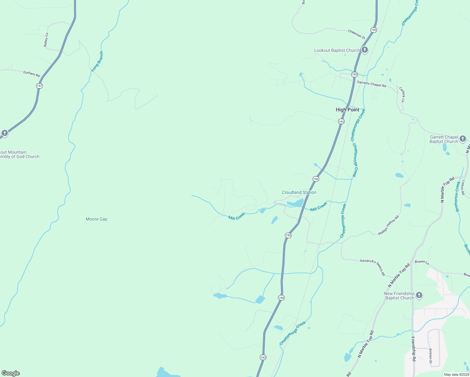 map of restaurants, bars, coffee shops, grocery stores, and more near 15 Cherokee Knoll in Chickamauga