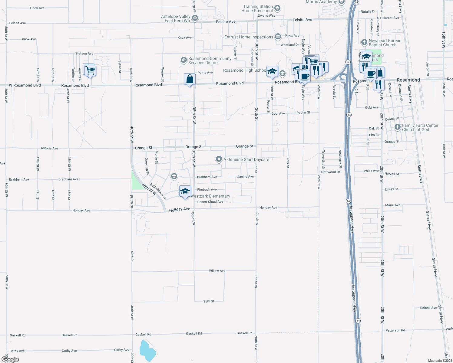 map of restaurants, bars, coffee shops, grocery stores, and more near 3237 Summer Breeze Avenue in Rosamond