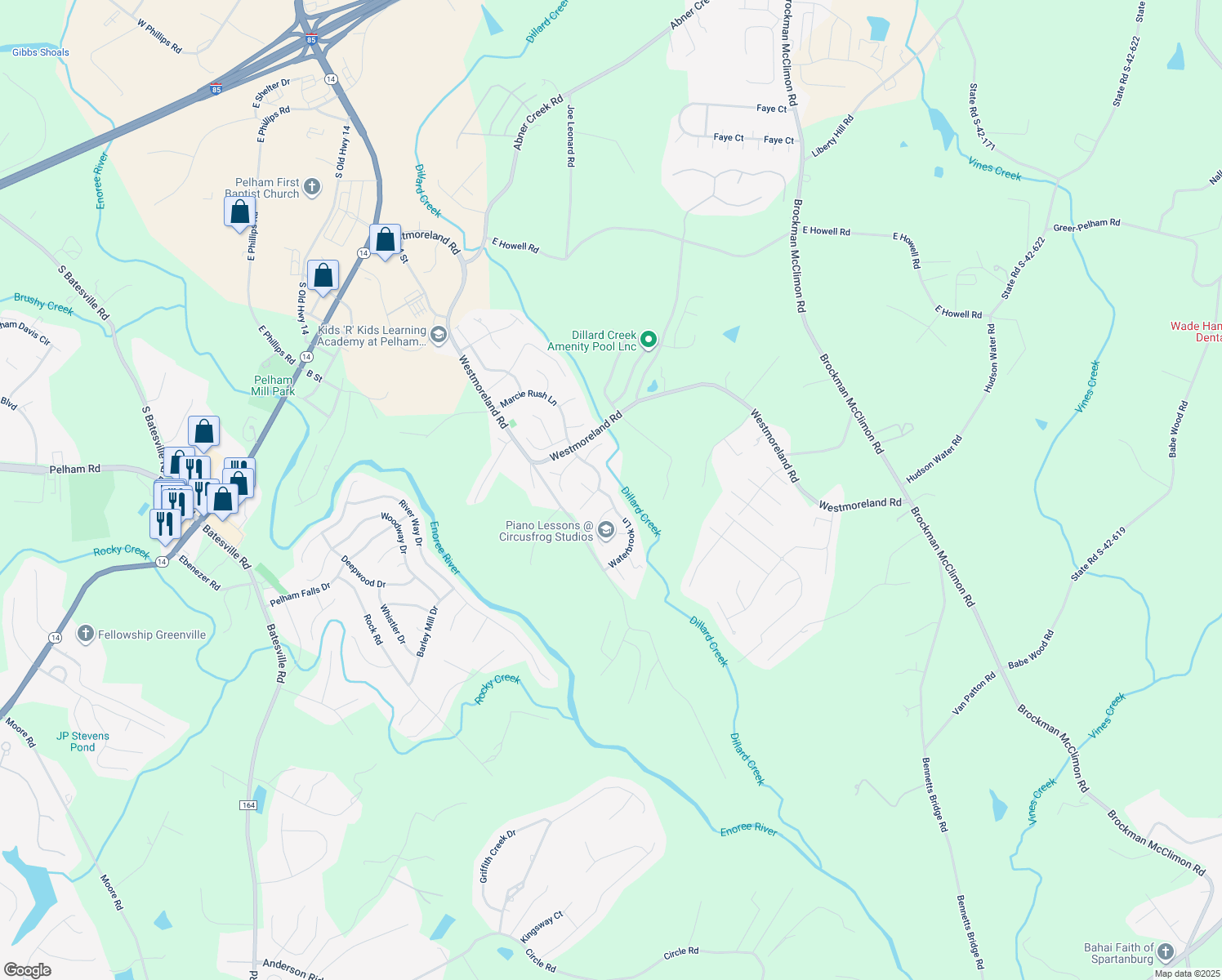 map of restaurants, bars, coffee shops, grocery stores, and more near 711 Waterbrook Lane in Greer