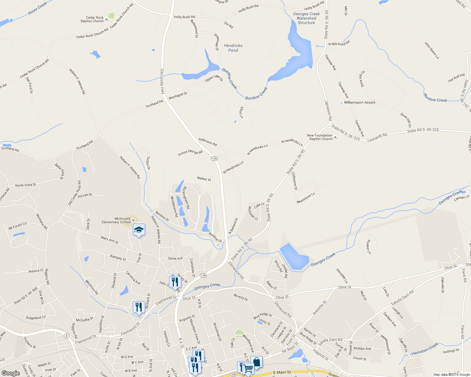 map of restaurants, bars, coffee shops, grocery stores, and more near 201 North Ballard Drive in Easley