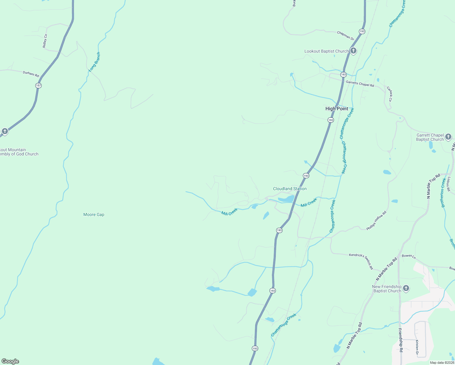 map of restaurants, bars, coffee shops, grocery stores, and more near 15 Cherokee Knoll in Chickamauga