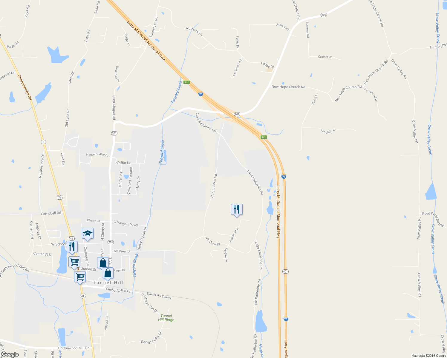 map of restaurants, bars, coffee shops, grocery stores, and more near 422 Bonifacious Road in Tunnel Hill