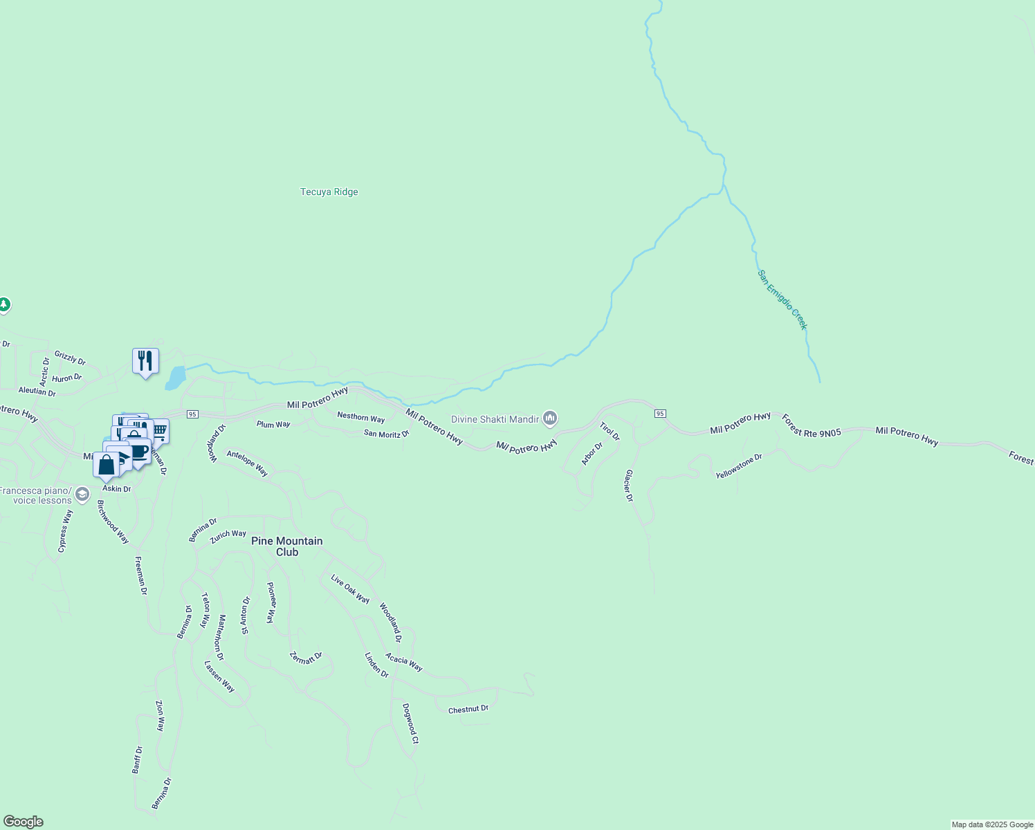 map of restaurants, bars, coffee shops, grocery stores, and more near 14824 Ward Drive in Frazier Park