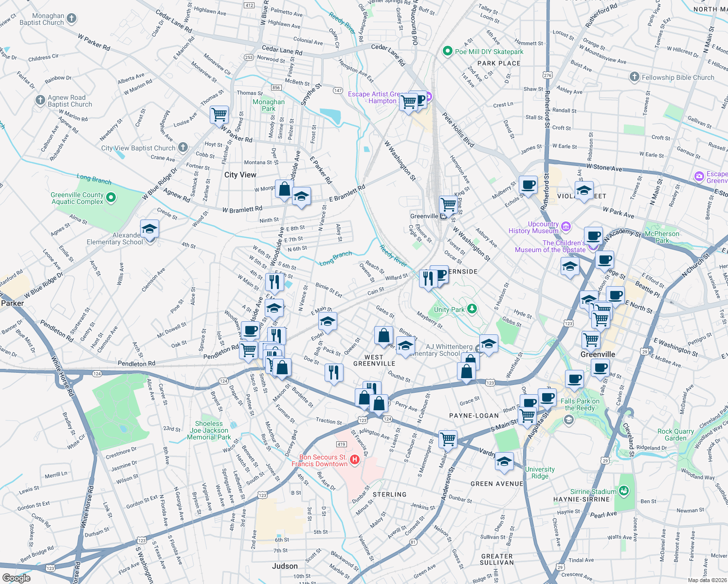 map of restaurants, bars, coffee shops, grocery stores, and more near 40 Cain Street in Greenville