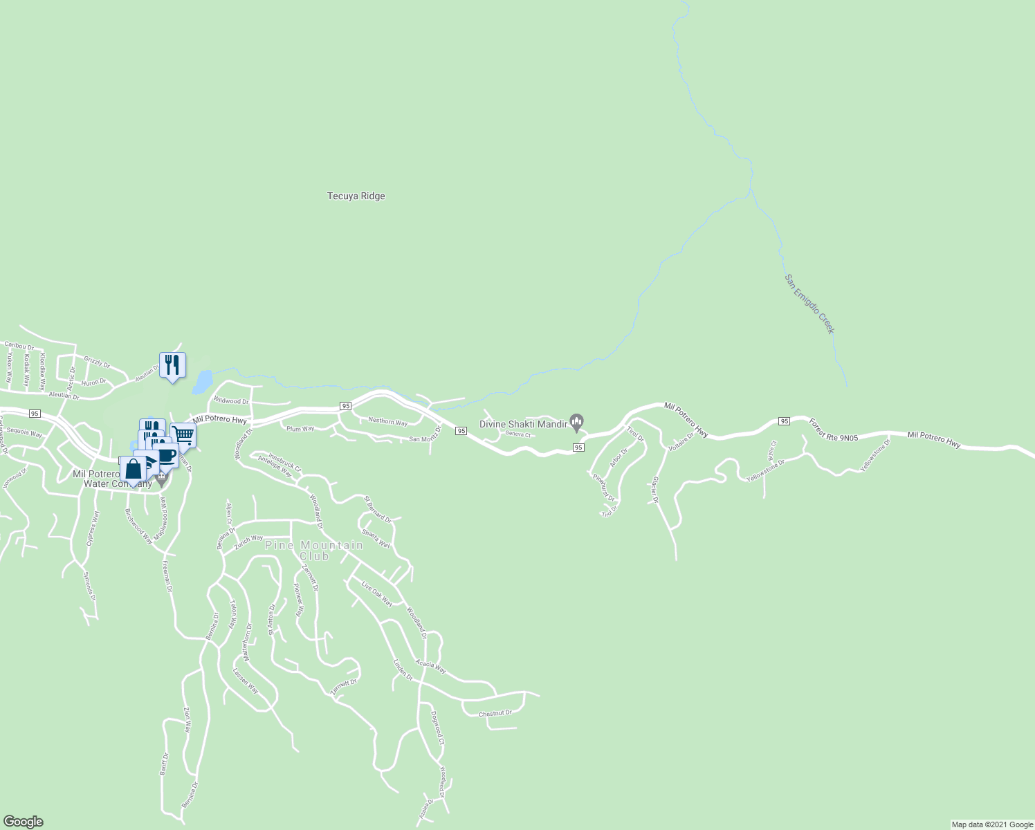 map of restaurants, bars, coffee shops, grocery stores, and more near 14921 Ward Drive in Frazier Park