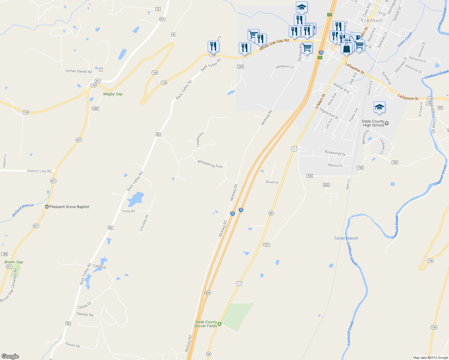 map of restaurants, bars, coffee shops, grocery stores, and more near Lake Drive in Trenton