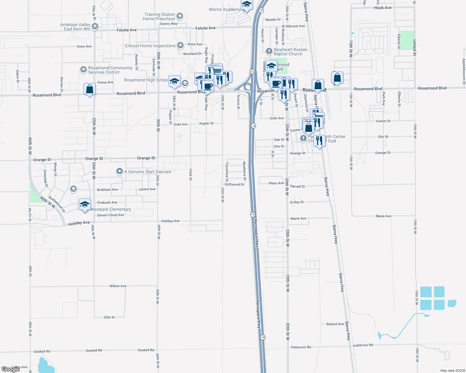 map of restaurants, bars, coffee shops, grocery stores, and more near 2408 Driftwood Drive in Rosamond