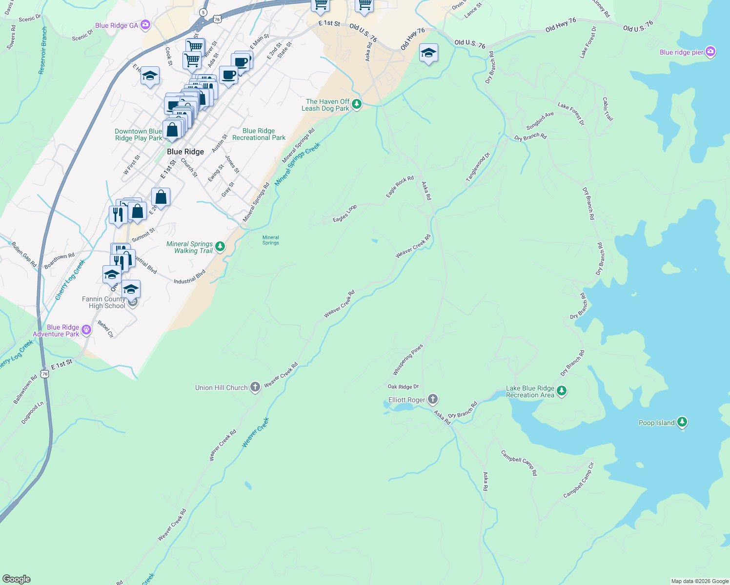 map of restaurants, bars, coffee shops, grocery stores, and more near 633 Weaver Creek Road in Blue Ridge