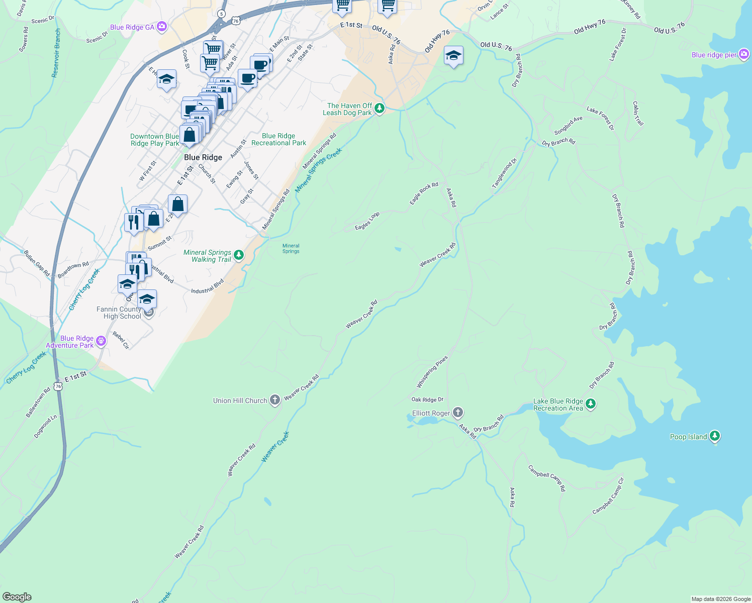 map of restaurants, bars, coffee shops, grocery stores, and more near 633 Weaver Creek Road in Blue Ridge