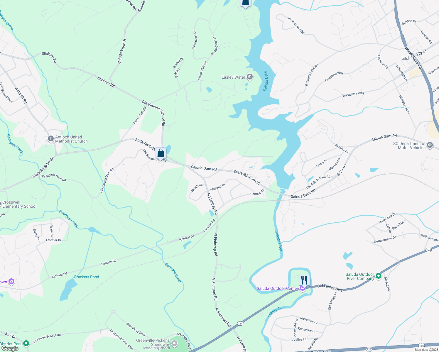 map of restaurants, bars, coffee shops, grocery stores, and more near 126 Fuller Drive in Easley