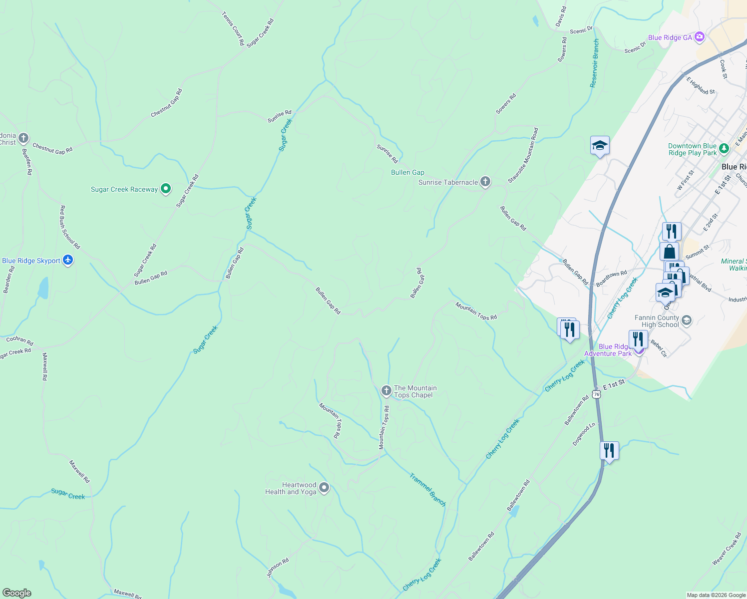 map of restaurants, bars, coffee shops, grocery stores, and more near 120 Foxfire Road in Blue Ridge