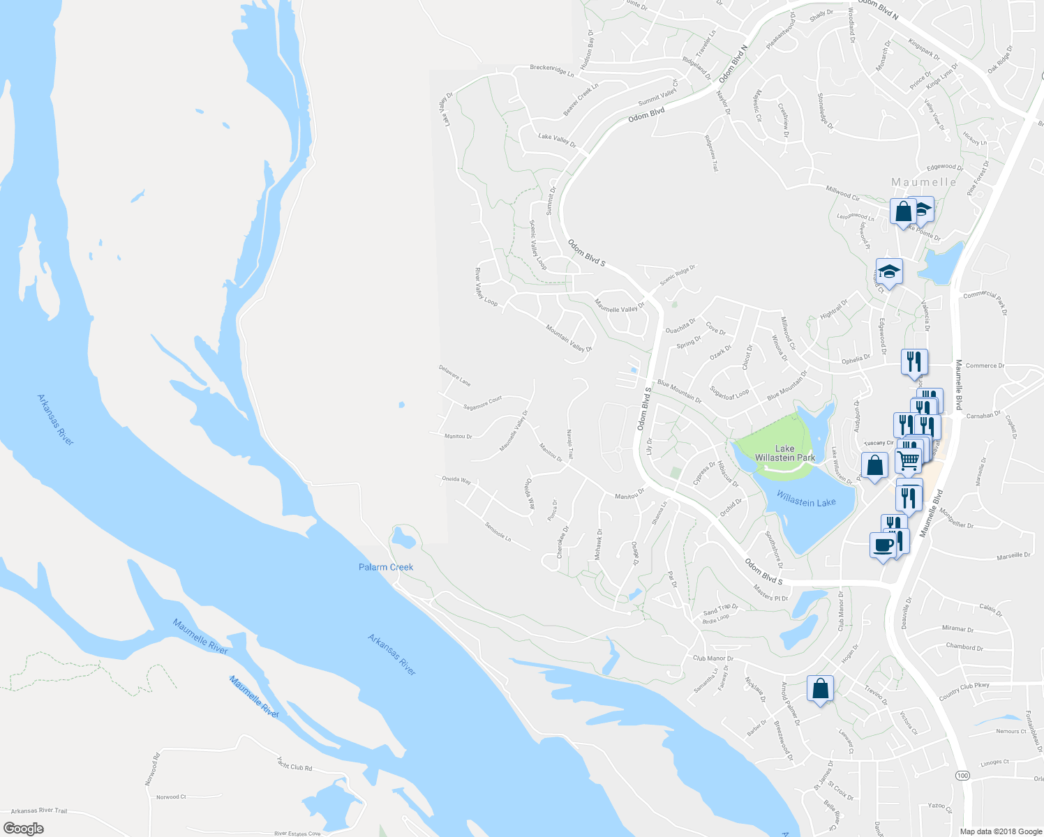 map of restaurants, bars, coffee shops, grocery stores, and more near 170 Manitou Drive in Maumelle