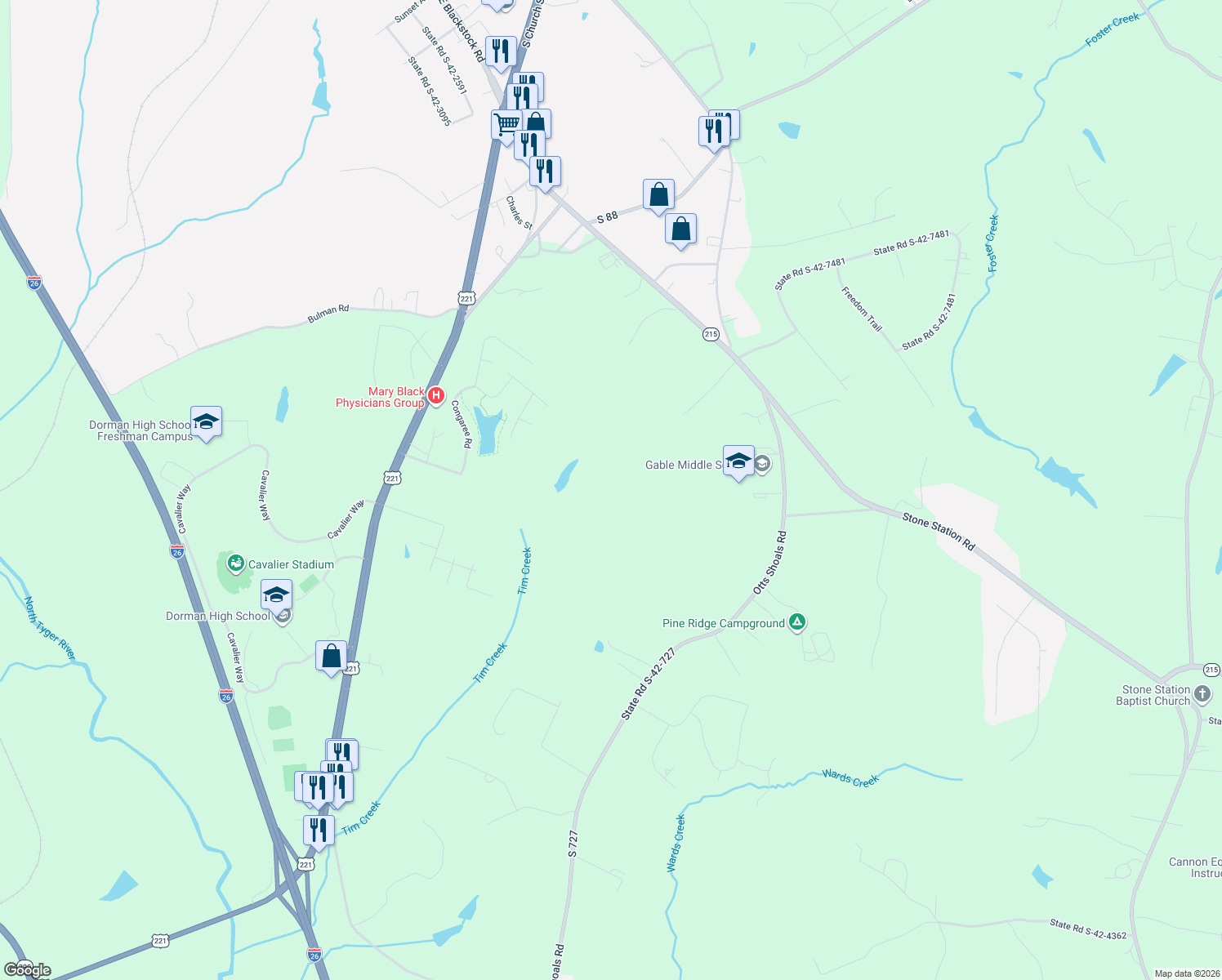 map of restaurants, bars, coffee shops, grocery stores, and more near in Roebuck