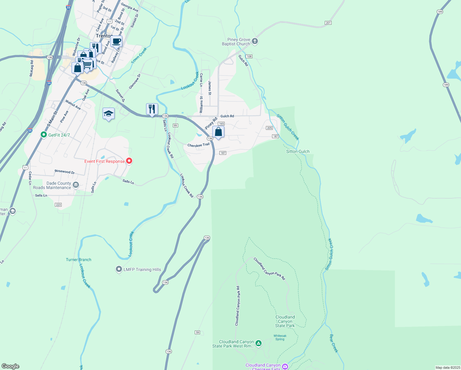 map of restaurants, bars, coffee shops, grocery stores, and more near 7103 Georgia 136 in Trenton