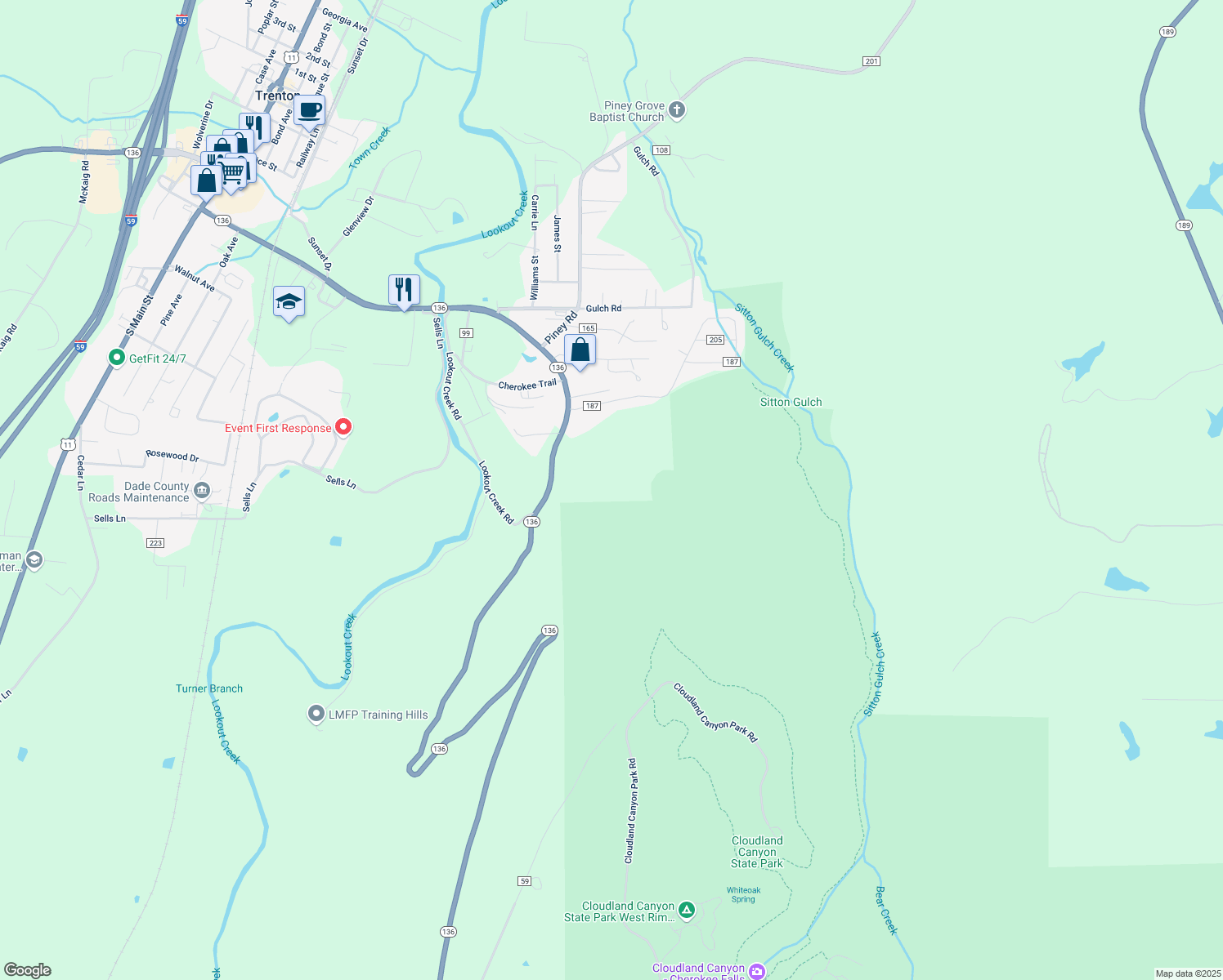 map of restaurants, bars, coffee shops, grocery stores, and more near 7103 Georgia 136 in Trenton