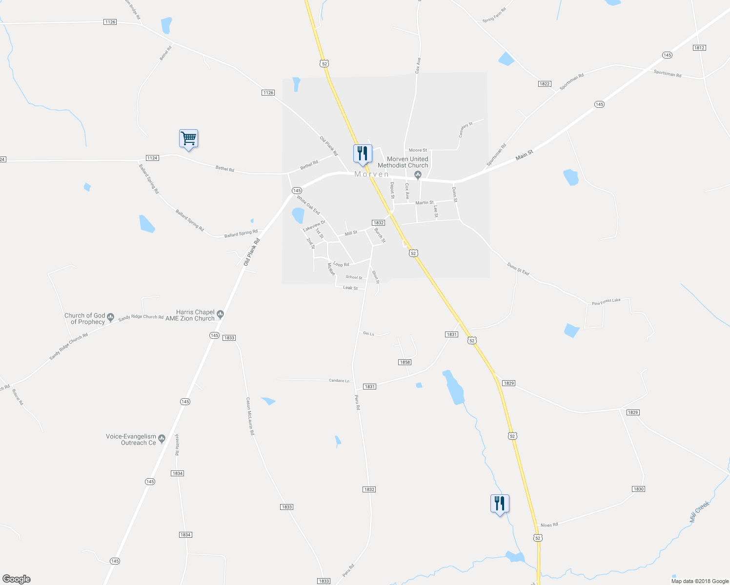 map of restaurants, bars, coffee shops, grocery stores, and more near 645 Peru Road in Morven